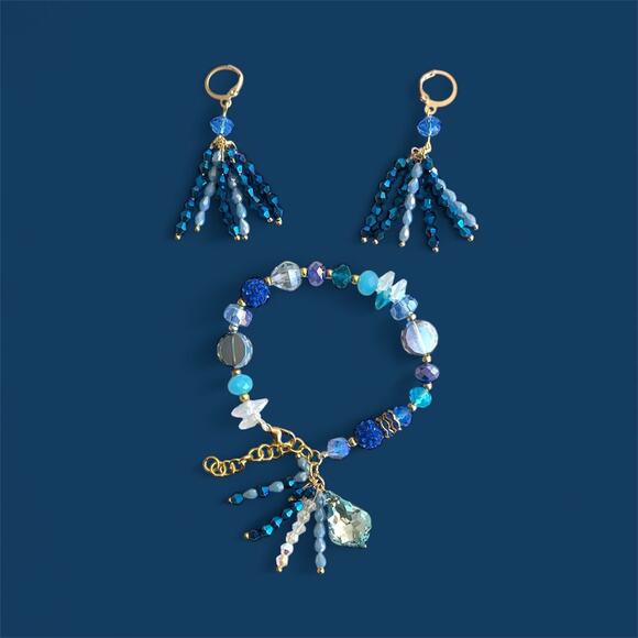 Swarovski Beaded Bracelet & Earrings Set – Blue & Gold Women’s Jewelry Gift - Picture 9 of 16